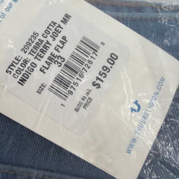 True Religion Terra Cotta Indigo Joey Terry Mid Rise Flare Flap Jeans Size 33 - Picture 3 of 9